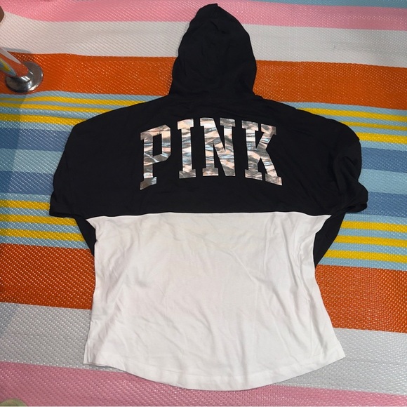 PINK Victoria’s Secret Black White Hoodie Iridescent Logo Women’s Size Small - Picture 2 of 4